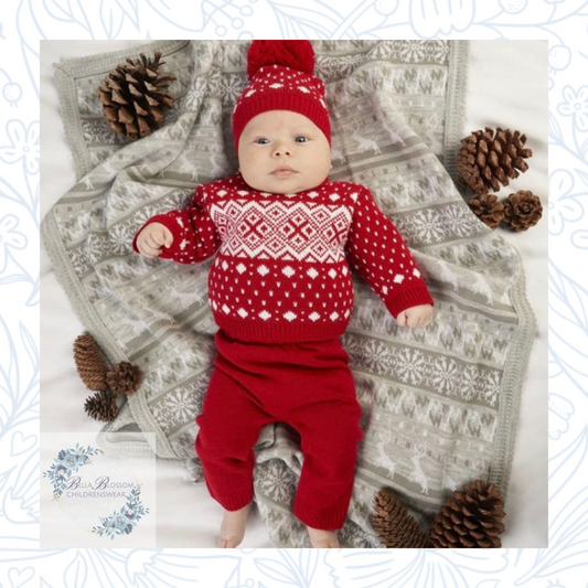 Baby 3 Piece Jumper Leggings and Hat set Fair Isle 3 Piece Knitted Outfit